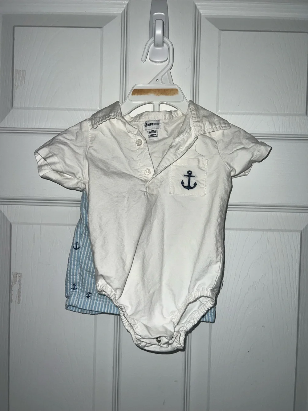 Sperry White Polo with Light Blue Anchor Stripe Shorts